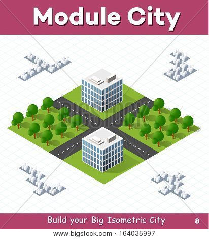 Urban module for the construction and design of large isometric city. Two town houses white with a crossroads of streets with trees