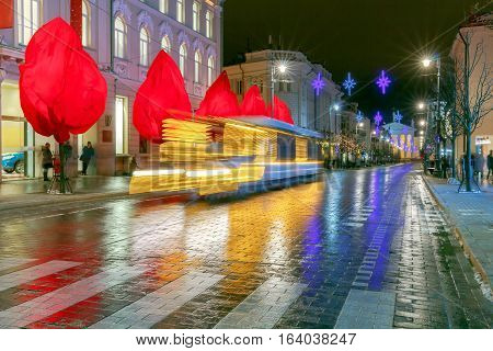 Prospect Gedemin in night lighting in the historic center of the old town. Lithuania. Vilnius.
