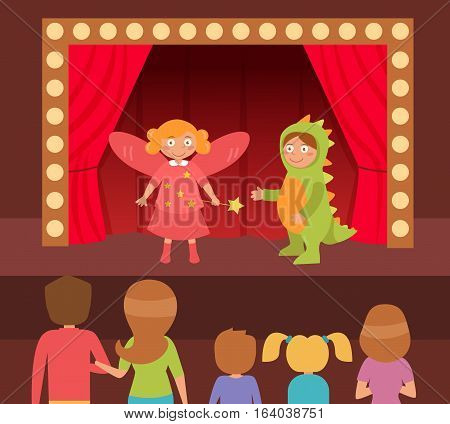 Children's theatrical performance. Dinosaur and fairy. Theatre stage. Vector. Cartoon. Isolated Flat