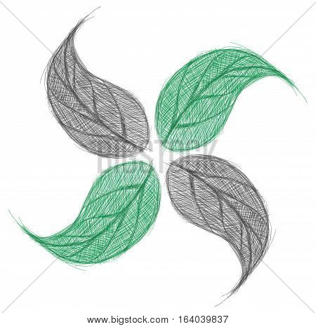 LEAVES ILLUSTRATION GREEN AND BLACK. LINE ART DRAW. SKETCH ART.