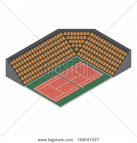 Outdoor tennis court with bleachers for spectators isolated on white background. Flat 3D isometric style vector illustration.