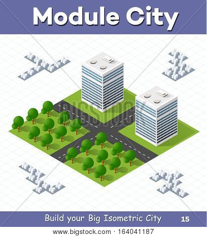 Urban module for the construction and design of large isometric city. Two high-rise building with a garden on the left