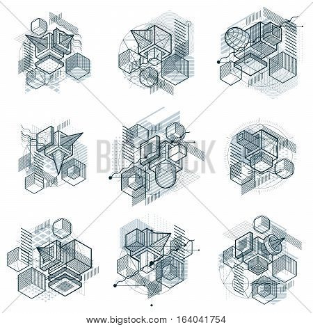 Lines And Shapes Abstract Vector Isometric 3D Backgrounds. Layouts Of Cubes, Hexagons, Squares, Rect