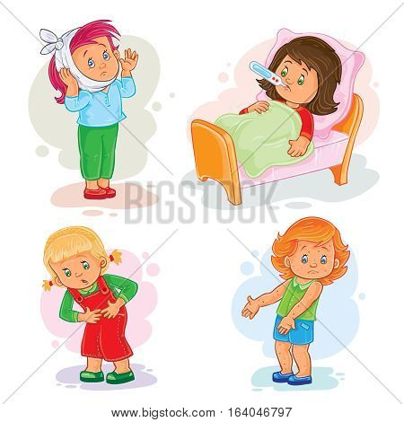 Set of vector icons little girl sick