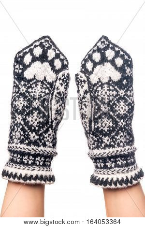 knitted woolen mittens handmade with pattern cat paws