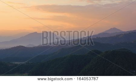 Hills near Pokhara at sunset. View from a place near Begnas Tal.