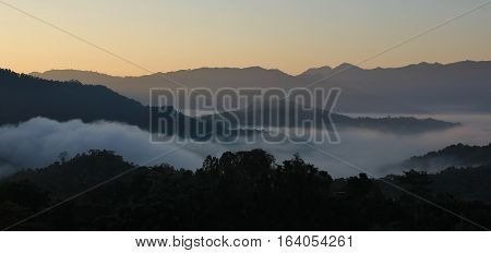 Morning fog and hills near Pokhara Nepal.