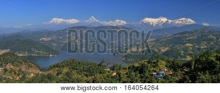 Landscape near Pokhara Nepal. High mountains of the Annapurna range. Lake Begnas Tal.