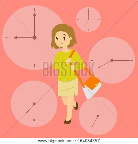 Vector illustration of a business woman late for work in rush hour, with clock background.