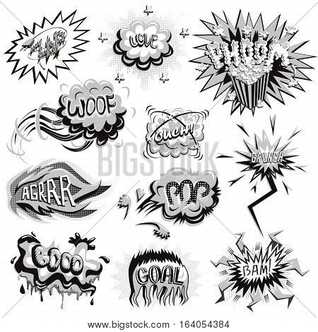 Vector set of monochrome comics icons. Explosion bubbles. Comic book explosion set