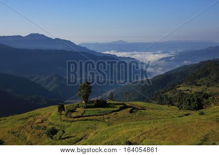 Green hills near Pokhara Nepal. View from Nalma. Morning scene.