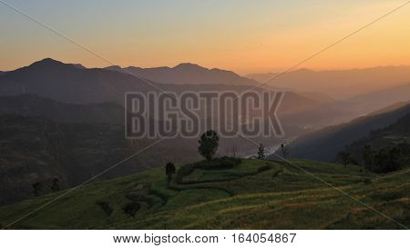 Evening scene near Pokhara Nepal. View from Nalma.
