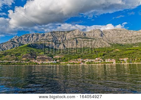 Tucepi view from the boat towards the town center, Adriatic Sea Croatia.
