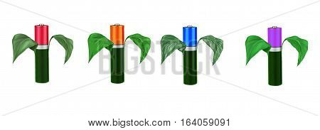 Environmental-friendly energy sources, batteries, on a white background, with green leaves, isolated, montage