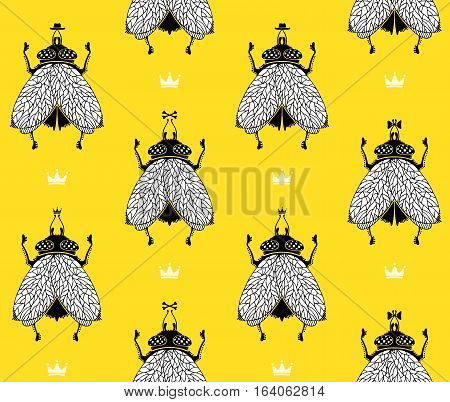 Flies with crowns on yellow background. Vector pattern illustration.