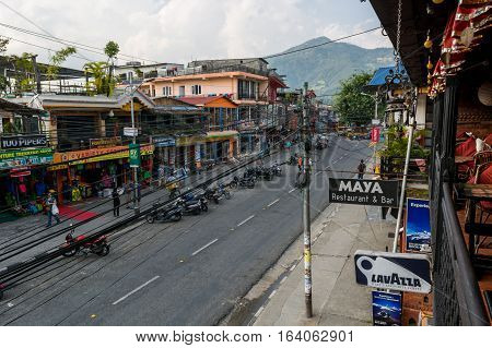 Pokhara, Nepal - October 20: Main shopping street in Pokhara, on October 20 2015 in Pokhara Nepal.