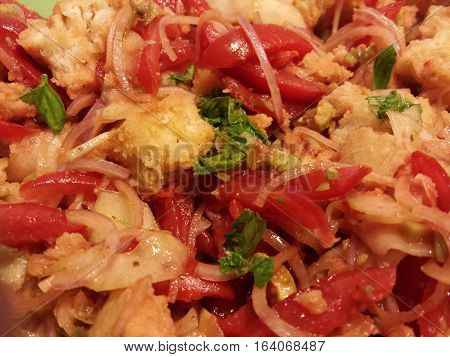 raw tomatoes with bread and onion - vegetarian food