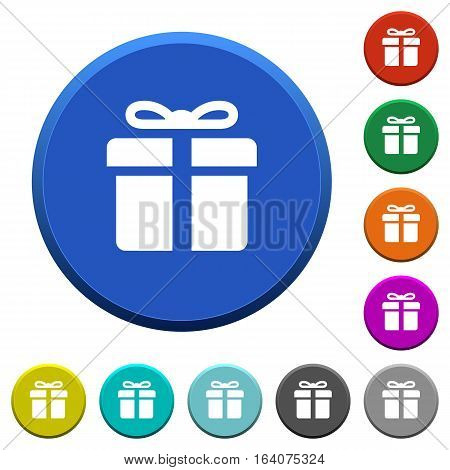 Gift box round color beveled buttons with smooth surfaces and flat white icons