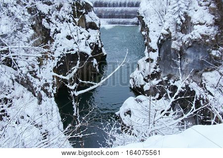 The view of the gorge on the Lech river in winter time. Fussen. Germany.