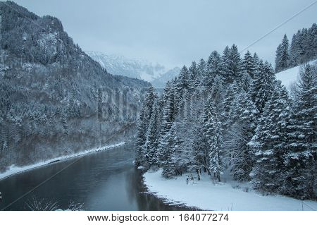 The view of the Lech river in winter time. Fussen. Germany.
