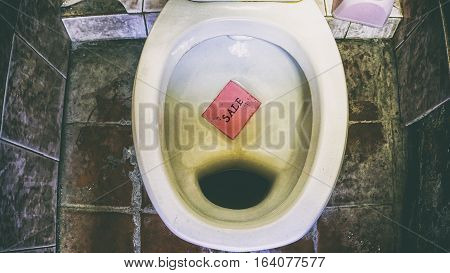 Dirty Public Toilet On Tile Tile, Words On Paper Sticker