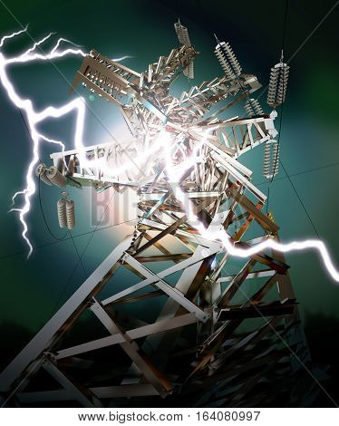 Power Transmission Line. Lightning strike. Crash. 3D illustration. 3D rendering