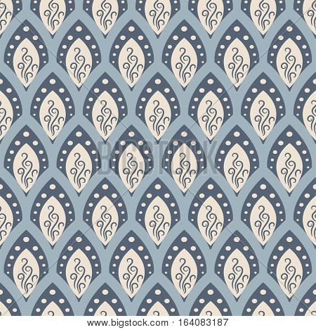 Abstract fish scale pattern in oriental style. Blue seamleass vector ornament.