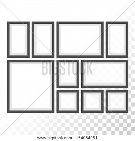 Picture photo frames set with transparent shadow on plaid black white background. Photo art gallery concept. Vintage black frame collection for your design.