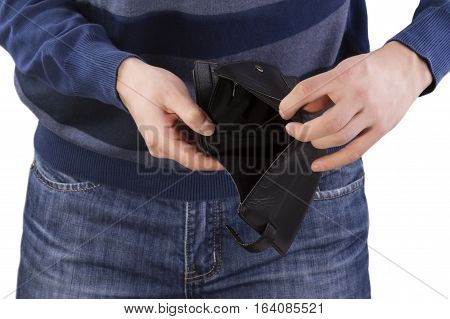 man holding an empty wallet on a white background