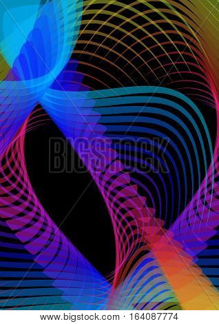 Psychedelic abstract black background with multicolored wavy rainbow overlapping curves