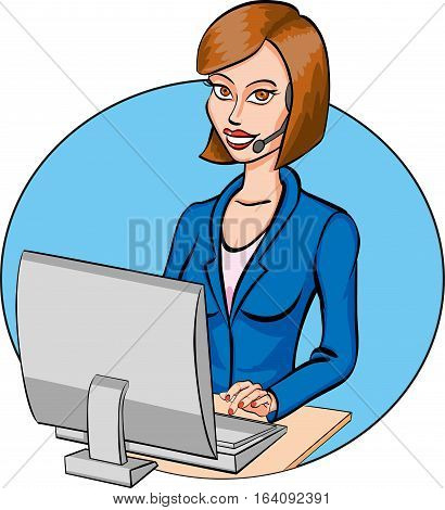 Cartoon beautiful call operator online. Vector illustration.