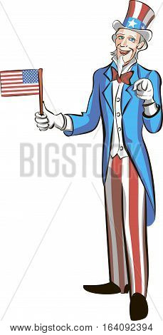 uncle sam in full growth hold small american flag and pointing  at you. Cartoon vector illustration