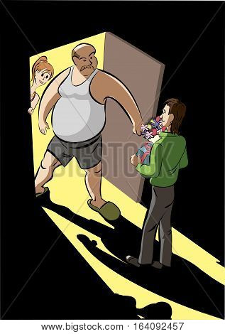 Young man meet father of his girlfrend. vector illustration