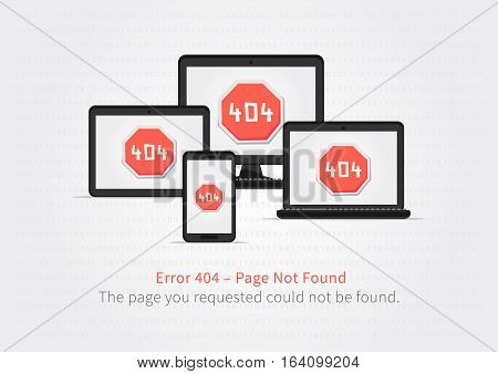 Error 404 page layout vector design. Website 404 page creative concept with electronic devices. 404 web page error creative design.