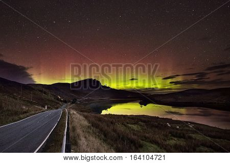 Northern Lights on the isle of Skye over the Old Man of Storr