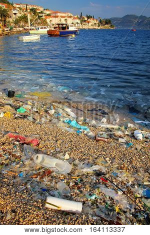 Beach Polluted With Plastic Garbage On Korcula Island, Croatia