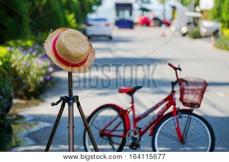 Red bicycle  outdoor  on the road background.
