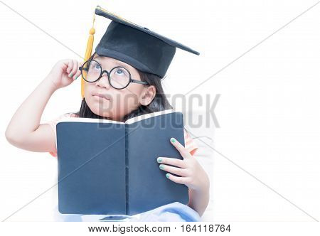 Happy Asian School Kid Graduate Thinking With Graduation Cap