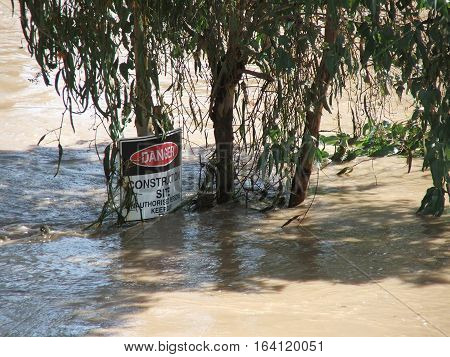 Construction site in Rockhampton under water during a Fitzroy River flood.