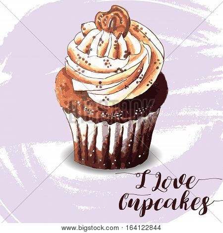 Hand drawn of tasty Cupcake. I love Cupcakes. Watercolor vector illustration.
