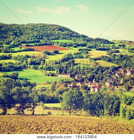 Village Surrounded by Pasture and Plowed Fields in the French Limousen Instagram Effect