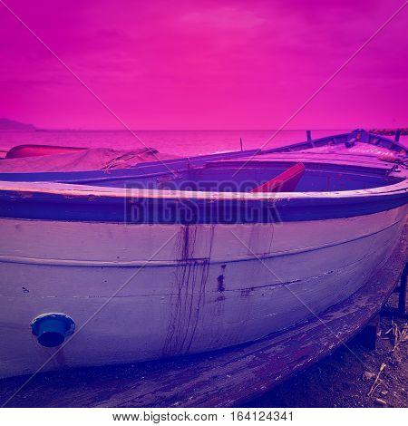 Wooden Boats on the Mediterranean Coast in the Italian City of Cetara at Sunset Instagram Effect