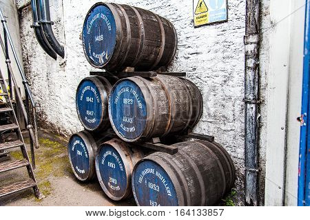 BLACFORD PERTHSHIRE SCOTLAND UK September 16 2016 barrel of whiskey in the Tullibardine distilleryhighlands of scotland