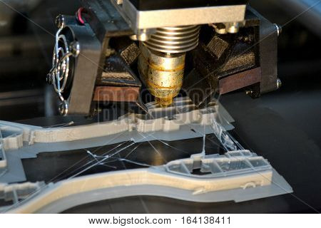 3D printer print isolated objects on mirror reflective surface close-up. Modern 3D printing technology. Top view