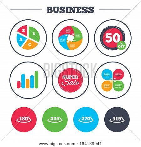 Business pie chart. Growth graph. Angle 180-315 degrees icons. Geometry math signs symbols. Full complete rotation arrow. Super sale and discount buttons. Vector