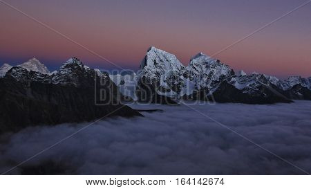 High mountains Cholatse and Taboche just after sunset. View from Gokyo Ri.