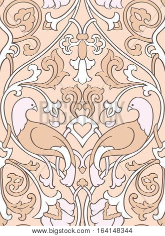 Beige floral pattern. Seamless filigree ornament. Stylized template for wallpaper textile bedspread curtain shawl tile carpet and any surface. Color background with birds and flower.