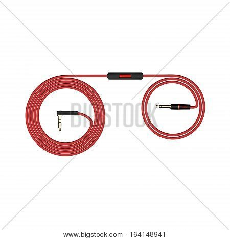 Red headphones cable isolated on white background 3d illustration render top view.