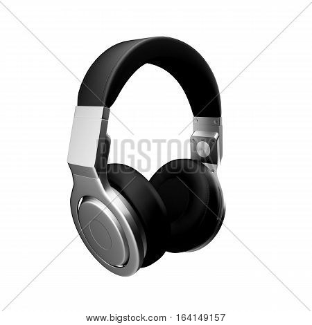 Black leather headphones isolated on white background d illustration render.