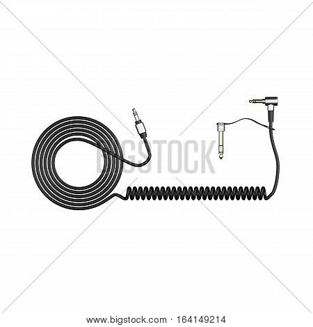 Black headphones cable isolated on white background 3d illustration render top view with adapter.